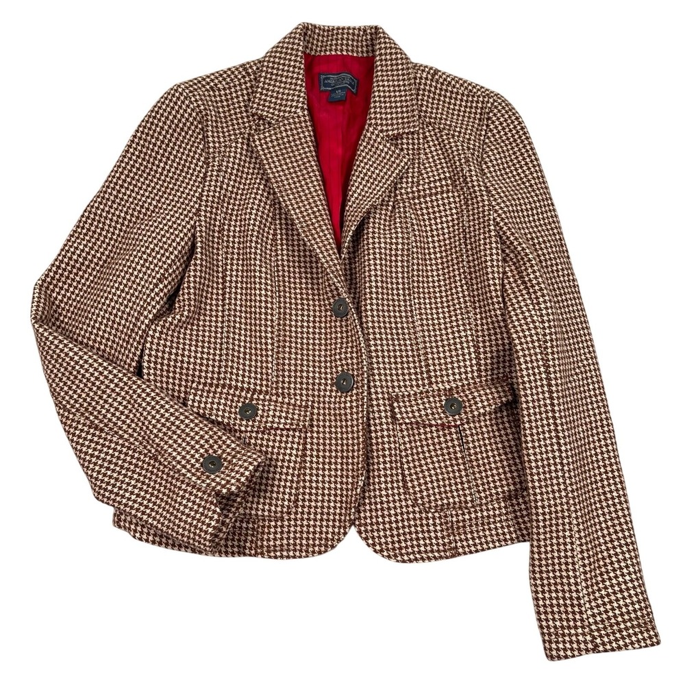 American Eagle Jacket Womens Large Brown Houndstooth Wool Blend Riding Blazer